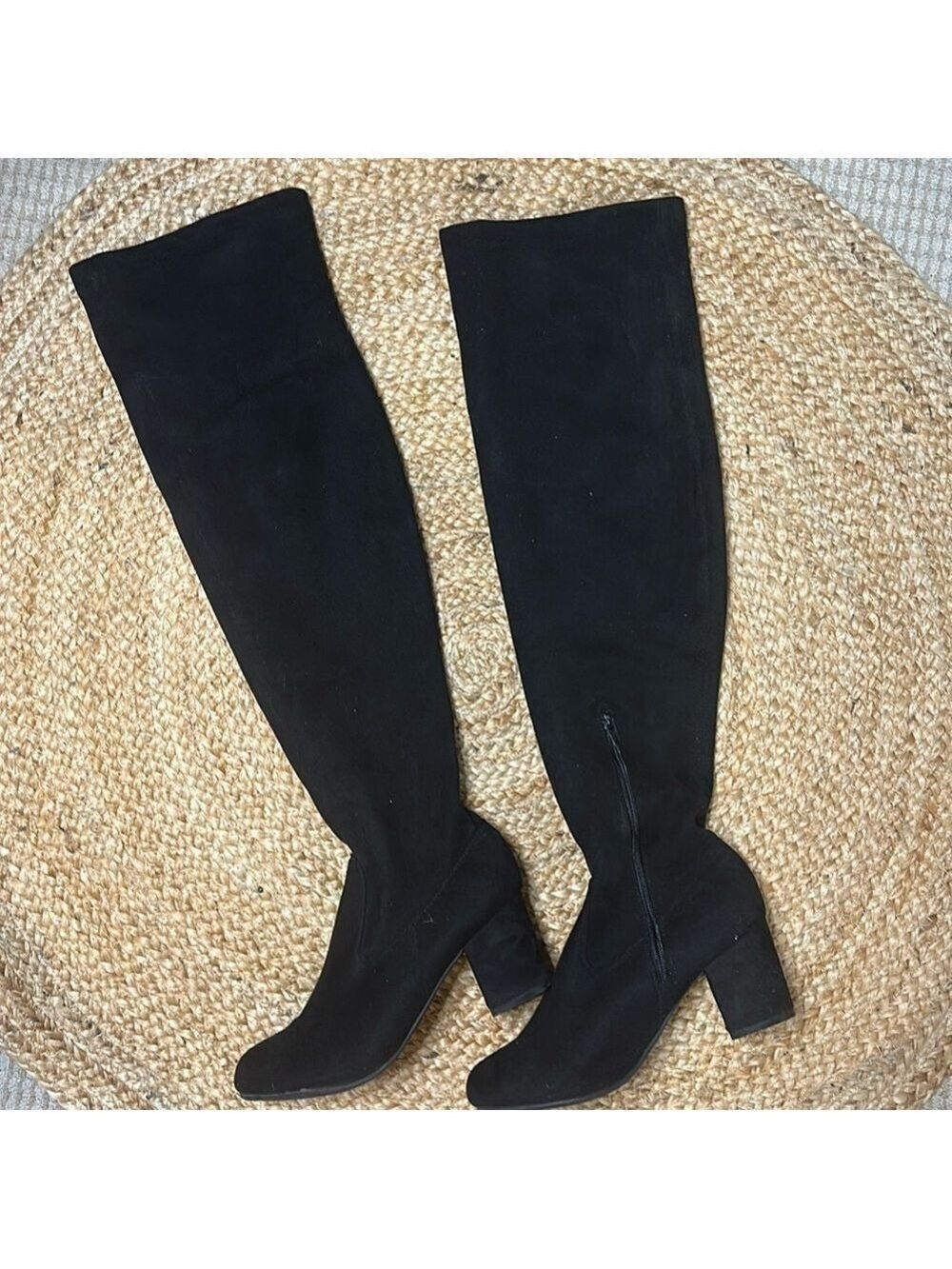 Mint Over The Knee Suede Block Heel Round Toe Stretch Fabric Shaft Black Boots